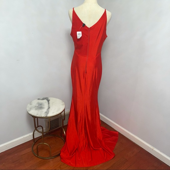 # Windsor Bright Red V Neck / V Back Stretchable Long Dress - Picture 9 of 15